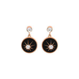BOUCLES D'OREILLES TIGE ACIER ET PVD ROSE RONDELLE RÉSINE NOIRE ET 1 OXYDE BLANC  ETOILÉ