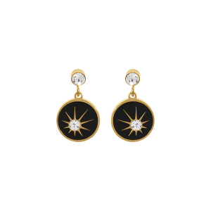 BOUCLES D'OREILLES TIGE ACIER DORÉ JAUNE RONDELLE RÉSINE NOIRE ET 1 OXYDE BLANC  ETOILÉ