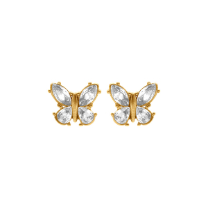BOUCLES D'OREILLES TIGE ACIER DORÉ PAPILLON OXYDES BLANCS SERTI