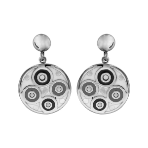 BOUCLES D'OREILLES TIGE ACIER STELLA MIA RONDE PENDANTE RESINE MOTIF ROND NOIR ET BLANC AVEC NACRE