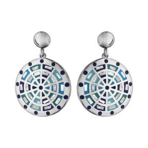BOUCLES D'OREILLES TIGE ACIER STELLA MIA RONDE PENDANTE MOTIF DEGRADE BLEU AVEC NACRE