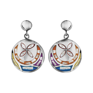 BOUCLES D'OREILLES TIGE ACIER STELLA MIA PENDANTE RONDE MOTIF FLEUR COULEUR PASTEL AVEC NACRE