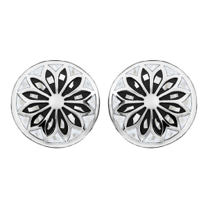 BOUCLES D'OREILLES TIGE ACIER RONDE STELLA MIA FLEUR NOIR ET BLANC  ET NACRE BLANCHE