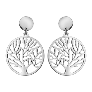 BOUCLES D'OREILLES TIGE ACIER PENDANTE RONDE ARBRE DE VIE