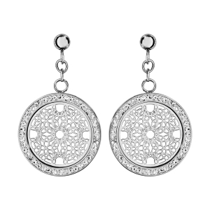 BOUCLES D'OREILLES TIGE ACIER RONDE MOTIF ROSACE CONTOUR RÉSINE ET STRASS BLANC