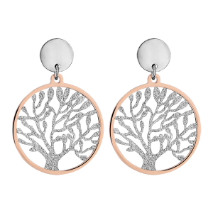 BOUCLES D'OREILLES TIGE ACIER ARBRE DE VIE GIVRE CONTOUR PVD ROSE