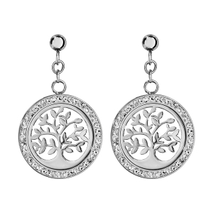 BOUCLES D'OREILLES TIGE ACIER RONDE MOTIF ARBRE DE VIE CONTOUR RÉSINE ET STRASS BLANC
