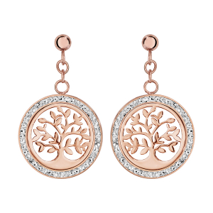 BOUCLES D'OREILLES TIGE ACIER ET PVD ROSE RONDE MOTIF ARBRE DE VIE CONTOUR RÉSINE ET STRASS BLANC