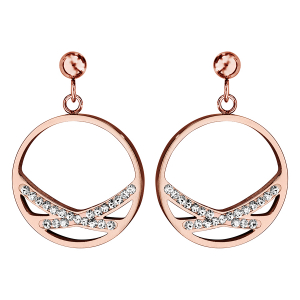 BOUCLES D'OREILLES ACIER ET PVD ROSE CROCHET CERCLE 2 BRANCHES RÉSINES ET STRASS BLANCS