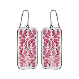 BOUCLES D'OREILLES ACIER CROCHET MOTIFS VOLUTE PU FUSCHIA