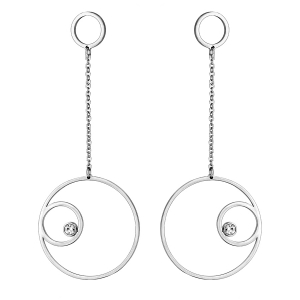 BOUCLES D'OREILLES TIGE ACIER LONGUE DOUBLE CERCLE OXYDE BLANC SERTI CLOS