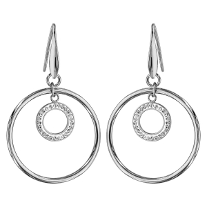 BOUCLES D'OREILLES TIGE ACIER 1 CERCLE LISSE ET 1 CERCLE RÉSINE ET STRASS BLANCS