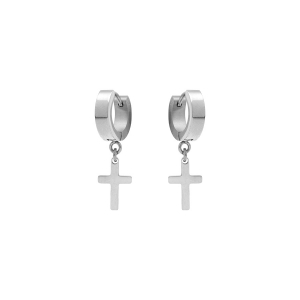 BOUCLES D'OREILLES CREOLE ACIER AVEC CROIX SUSPENDU