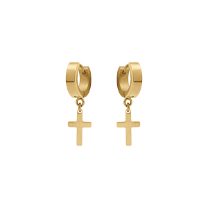BOUCLES D'OREILLES CREOLE ACIER ET PVD DORÉ  AVEC CROIX SUSPENDU 0.9x1.2