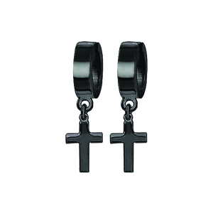 BOUCLES D'OREILLES CREOLE ACIER ET PVD NOIR AVEC CROIX SUSPENDU