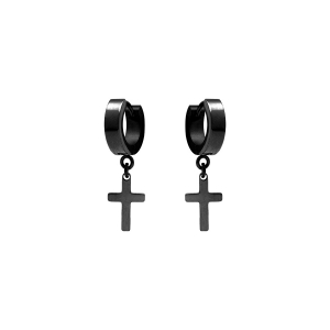 BOUCLES D'OREILLES CREOLE ACIER ET PVD NOIR AVEC CROIX SUSPENDU