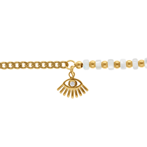 BRACELET ACIER DORÉ RONDELLES BLANCJES ET PAMPILLE OEIL AVEC 1 OXYDE  16+3CM BRACELET ACIER DORÉ RONDELLES BLANCJES ET PAMPILLE OEIL AVEC 1 OXYDE  16+3CM