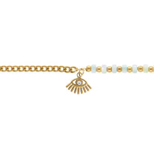 BRACELET ACIER DORÉ RONDELLES COULEUR NACRÉ ET PAMPILLE OEIL AVEC 1 OXYDE  16+3CM