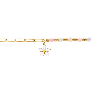 BRACELET ACIER BOULES MULTI COULEURS PASTEL  PAMPILLE FLEUR BLANCHE 16+3CM