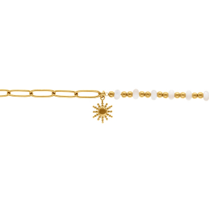 BRACELET ACIER PERLE RONDELLES BLANCHE PAMPILLE SOLEIL 16+3CM