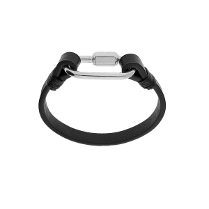 BRACELET ACIER ET CUIR BOVIN NOIR AVEC MOUSQUET0N VISSÉ 20CM