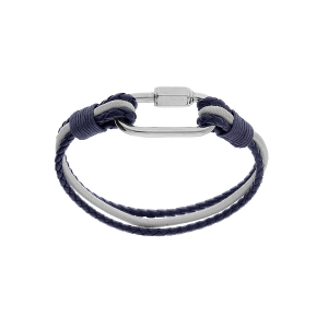 BRACELET ACIER ET CUIR BOVIN 2 TRESSES BLEUES ET UN CORDON BLANC MOUSQUETON VISSÉ 20CM