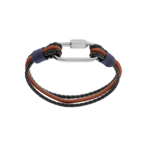 BRACELET ACIER ET CUIR BOVIN 2 TRESSES NOIRES ET UN CORDON MARRON MOUSQUETON VISSÉ  20CM