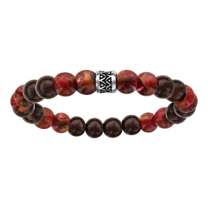 BRACELET ACIER EXTENSIBLE PERLES BOIS ET JASPÉITE ROUGE
