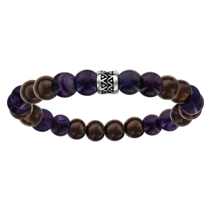 BRACELET ACIER EXTENSIBLE PERLES BOIS ET AGATE TEINTE VIOLET