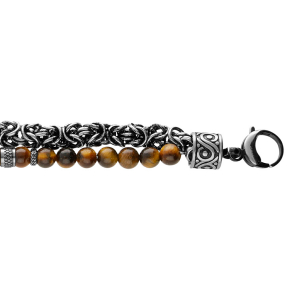 BRACELET ACIER 2 RANGS 1 MAILLE ROYALE PATINÉE ET 1 BOULES OIEL DE TIGRE 20+2.5CM