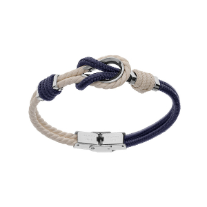 BRACELET ACIER CORDON BICOLORE BLANC ET BLEU NOEUD MARIN 20CM RÉGLABLE