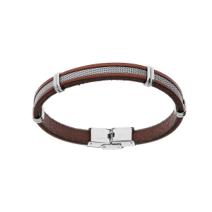 BRACELET ACIER ET CUIR BOVIN MARRON 20CM