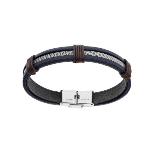 BRACELET ACIER ET CUIR BOVIN BLEU ET MARRON 20CM