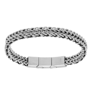 BRACELET ACIER MAILLE PLATE 9MM ET CUIR BOVIN NOIR 19+1CM DOUBLE FERMOIR