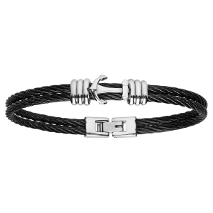 BRACELET ACIER ET DOUBLE CABLE NOIR MOTIF ANCRE 19CM