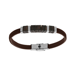 BRACELET ACIER ET CUIR MARRON ET BOIS DE CHENE 20CM RÉGLABLE