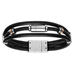BRACELET ACIER ET CUIR NOIR BOVIN 3 RANGS 21,5CM