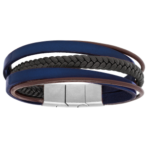 BRACELET ACIER ET CUIR MULTIFILS BLEU MARINE, MARRON ET TRESSE NOIR 20+1CM DOUBLE FERMOIR
