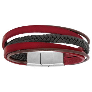 BRACELET ACIER ET CUIR BOVIN MULTIFILS ROUGE, MARRON ET TRESSE NOIR 20CM + 1CM DOUBLE FERMOIR