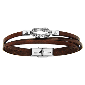 BRACELET ACIER ET CUIR BOVIN MARRON 3 RANGS NOEUD MARIN CABLE GRIS 20CM REGLABLE