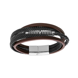 BRACELET ACIER MULTIFILS CUIR BOVIN MARRON, NOIR ET BLEU 20CM + 1.5CM DOUBLE FERMOIR