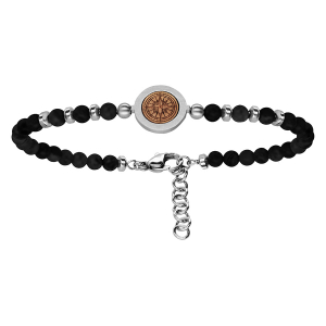BRACELET ACIER BOULES ONYX MOTIF CENTRAL BOIS BOUSSOLE 19+2CM
