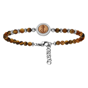 BRACELET ACIER BOULES OEIL DE TIGRE MOTIF CENTRAL BOIS ANCRE MARINE 19+2CM