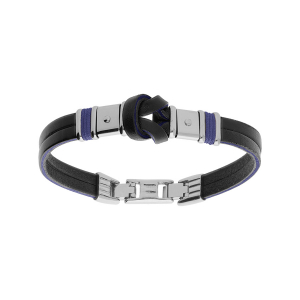 BRACELET ACIER CUIR BOVIN NOIR AVEC NOEUD ET CORDON BLEU 20,5CM+1,5CM DOUBLE FERMOIR