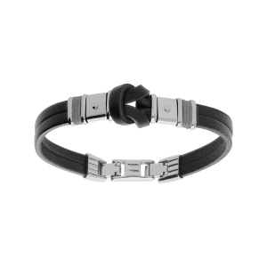 BRACELET ACIER CUIR BOVIN NOIR AVEC NOEUD TRANCHE ET CORDON GRIS 20,5CM+1,5CM DOUBLE FERMOIR