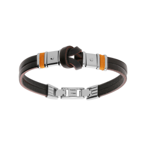 BRACELET ACIER CUIR BOVIN NOIR AVEC NOEUD ET CORDON ORANGE 20,5CM+1,5CM  DOUBLE FERMOIR