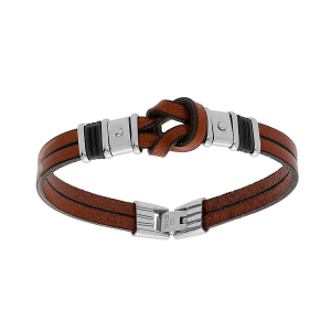 BRACELET ACIER CUIR BOVIN MARRON AVEC NOEUD TRANCHE ET CORDON NOIR 20,5CM+1,5CM DOUBLE FERMOIR
