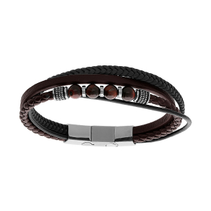 BRACELET ACIER MULTI FILS CUIR BOVIN MARRON ET NOIR BOULES OEIL DE TIGRE VÉRITABLE 19CM+1CM DOUBLE FERMOIR