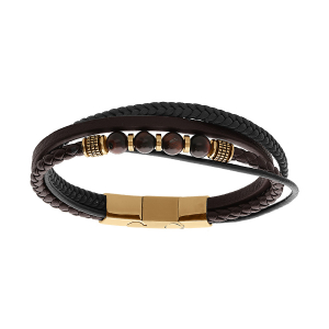 BRACELET ACIER DORÉ MULTI FILS CUIR BOVIN MARRON ET NOIR BOULES OEIL DE TIGRE VÉRITABLE 19CM+1CM DOUBLE FERMOIR