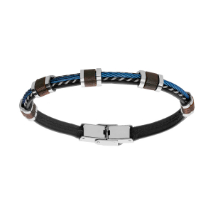 BRACELET ACIER ET CUIR BOVIN NOIR ET CABLE BLEU AVEC MOTIF BOIS DE CHENE